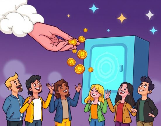 A cartoon illustration of a happy person receiving crypto tokens, symbolizing the exciting Binance HODLer Airdrop opportunity with TOWNS.