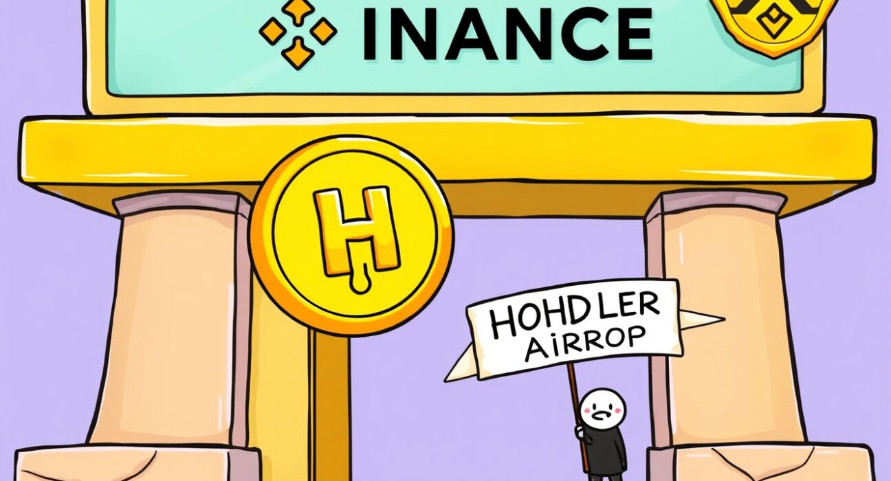 Cartoon illustration of a HOLO token being welcomed onto the Binance exchange, symbolizing the upcoming Binance HOLO listing and HODLer airdrop.