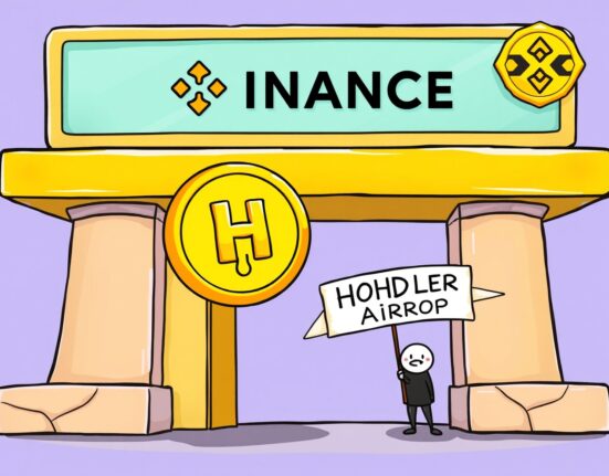 Cartoon illustration of a HOLO token being welcomed onto the Binance exchange, symbolizing the upcoming Binance HOLO listing and HODLer airdrop.