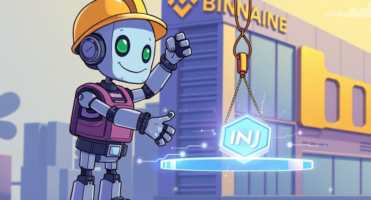 Cartoon illustration of Binance performing scheduled maintenance on the Injective (INJ) network token.