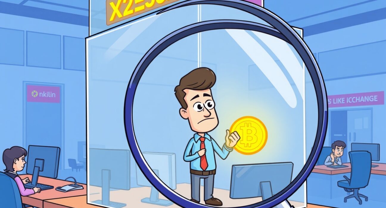 Cartoon illustration of a Binance insider trading investigation within a cryptocurrency exchange.