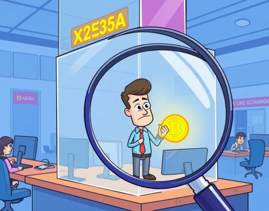 Cartoon illustration of a Binance insider trading investigation within a cryptocurrency exchange.