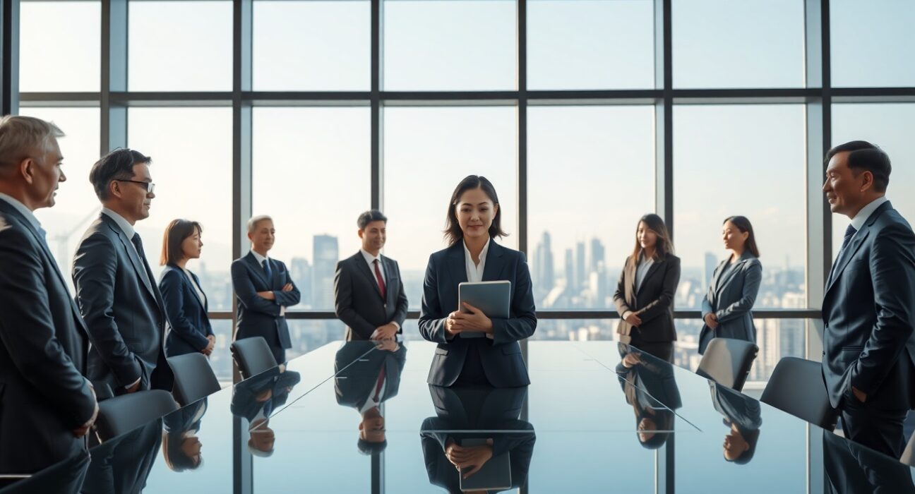 Arisa Toyosaki at a boardroom table with Binance Japan executives in Tokyo