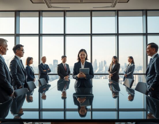 Arisa Toyosaki at a boardroom table with Binance Japan executives in Tokyo