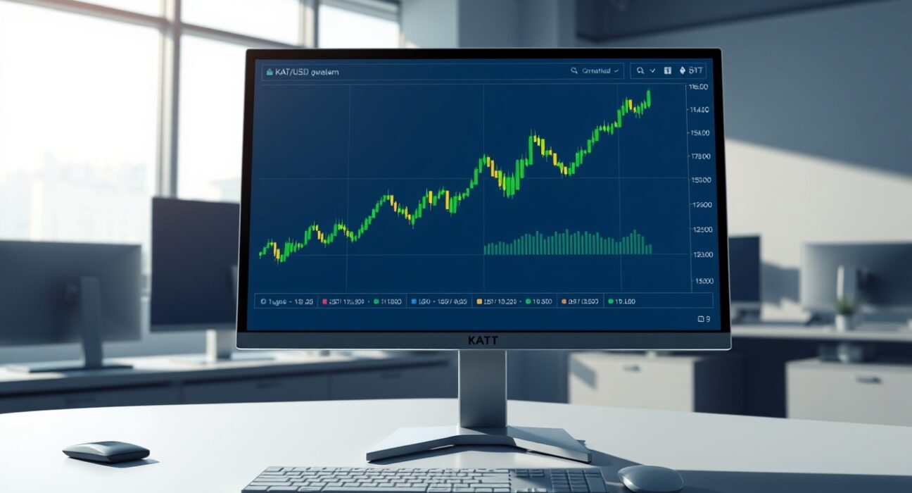 Professional trading interface showing the KAT/USDT chart on Binance exchange for the new token listing announcement.