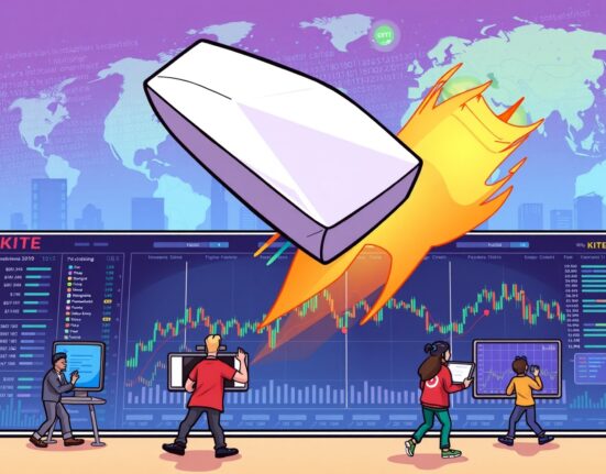 Cartoon illustration showing traders excitedly engaging with KITE perpetual futures on a digital platform, symbolizing new crypto opportunities.