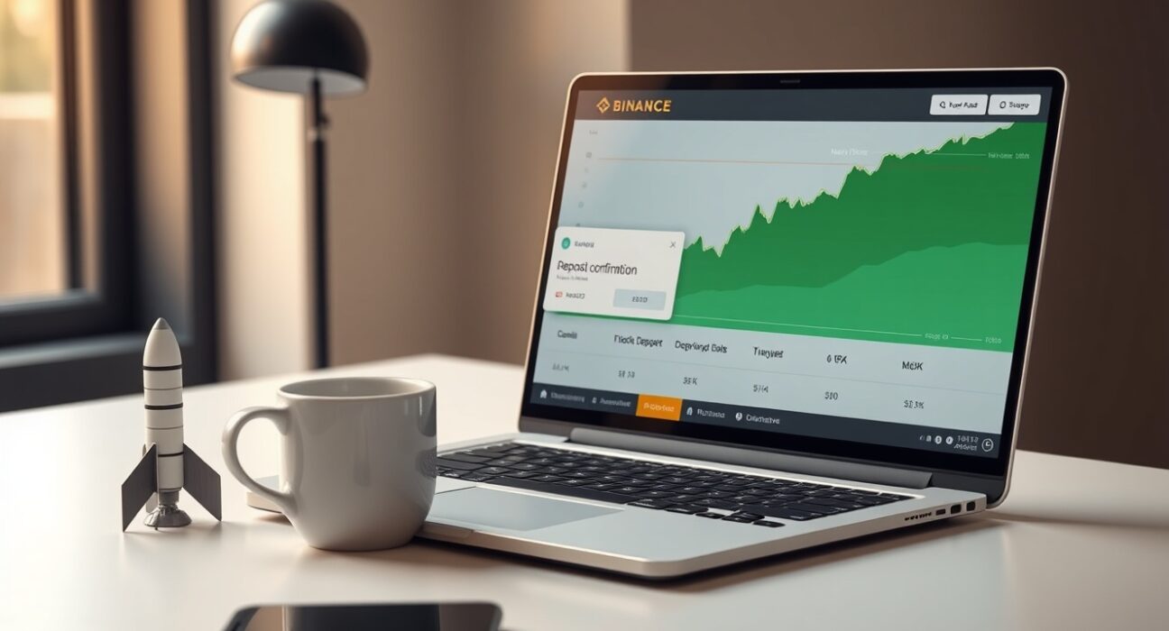 Laptop screen showing Binance trading interface with a green chart and deposit confirmation.