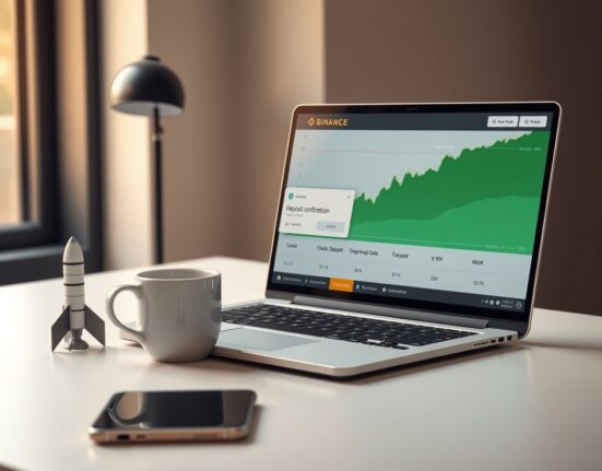 Laptop screen showing Binance trading interface with a green chart and deposit confirmation.