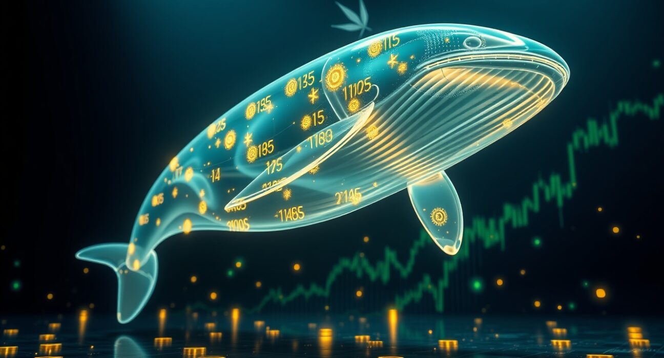 A digital whale swimming upward through cryptocurrency symbols, representing whale accumulation and token price surge.