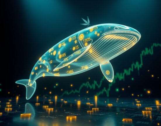 A digital whale swimming upward through cryptocurrency symbols, representing whale accumulation and token price surge.