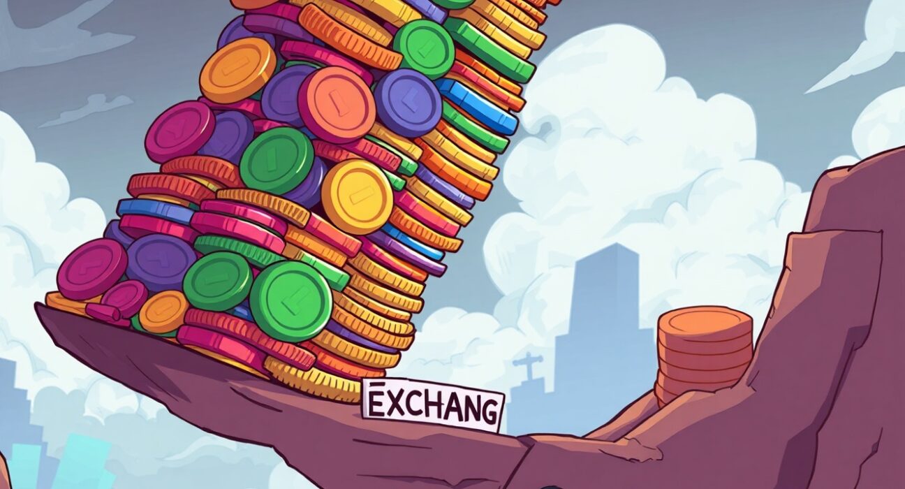 A cartoon illustrating the dangerous liquidity concentration risk of a giant coin tower on a single exchange.
