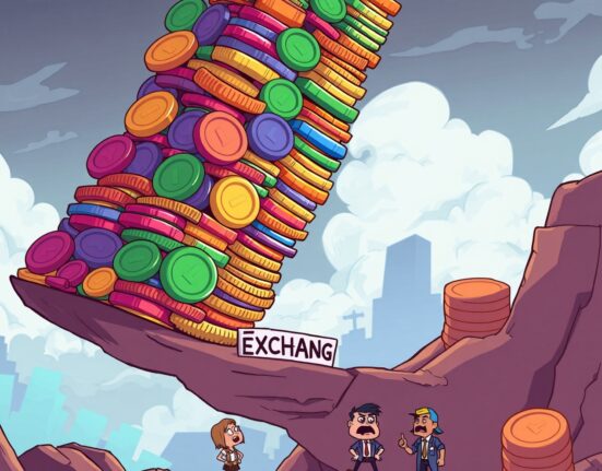 A cartoon illustrating the dangerous liquidity concentration risk of a giant coin tower on a single exchange.