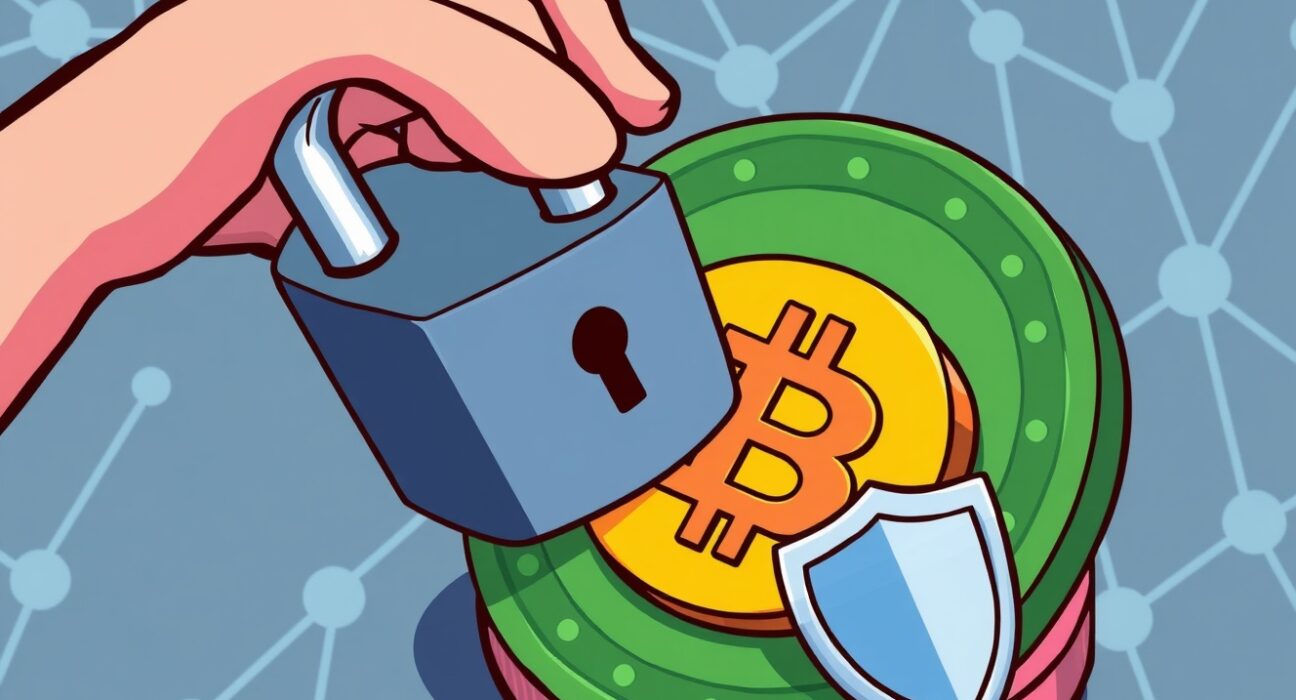 A cartoon illustration showing a protective shield around a cryptocurrency token, symbolizing Binance liquidity removal for user safety.