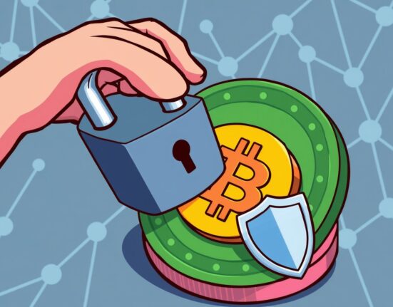 A cartoon illustration showing a protective shield around a cryptocurrency token, symbolizing Binance liquidity removal for user safety.