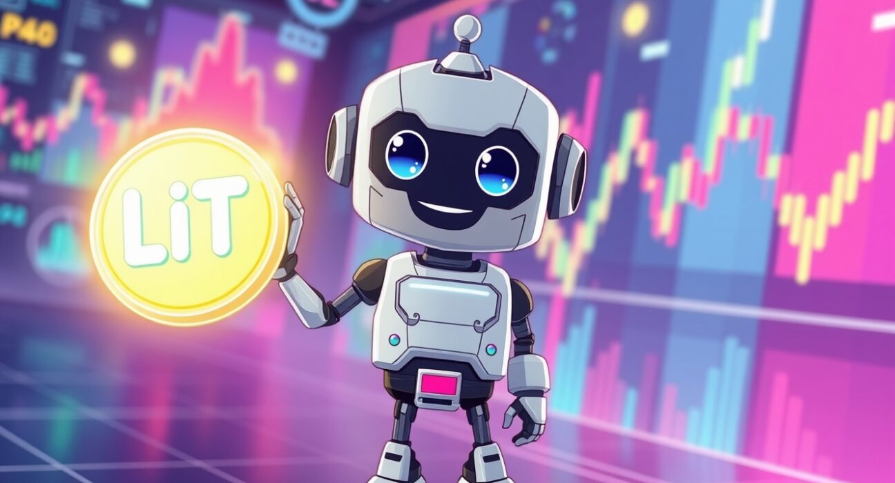 A vibrant cartoon illustration of a trader analyzing LIT perpetual futures charts on a digital exchange.