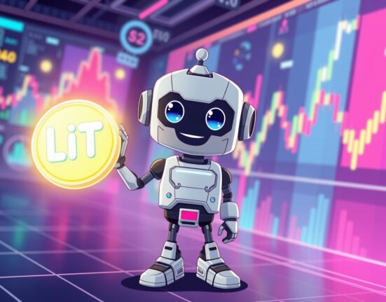 A vibrant cartoon illustration of a trader analyzing LIT perpetual futures charts on a digital exchange.