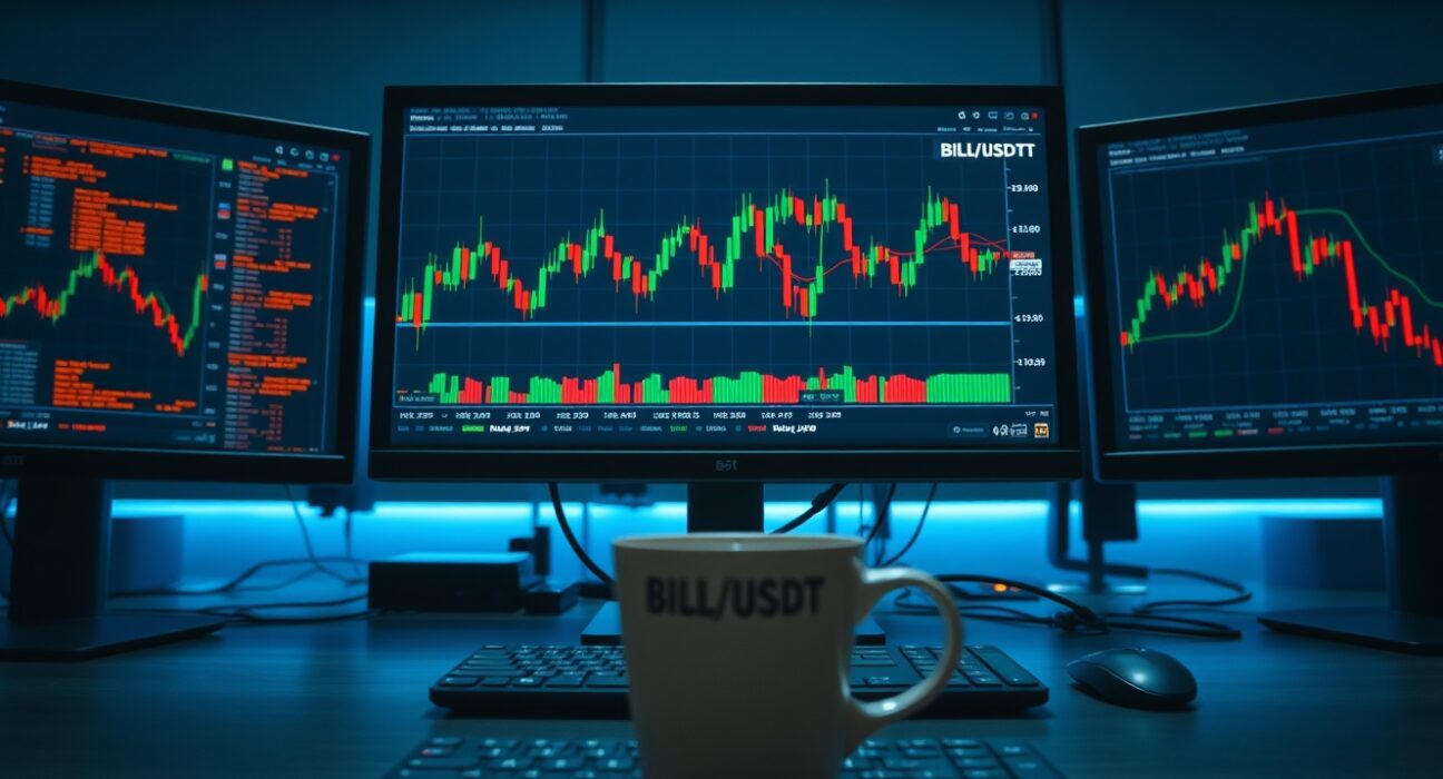 Trading monitor showing BILL/USDT perpetual futures on Binance exchange interface