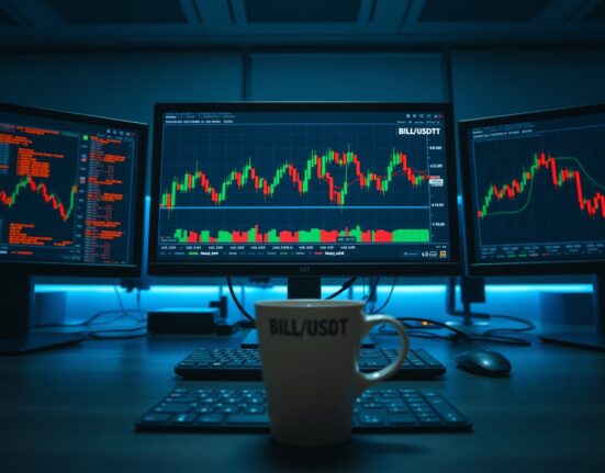 Trading monitor showing BILL/USDT perpetual futures on Binance exchange interface