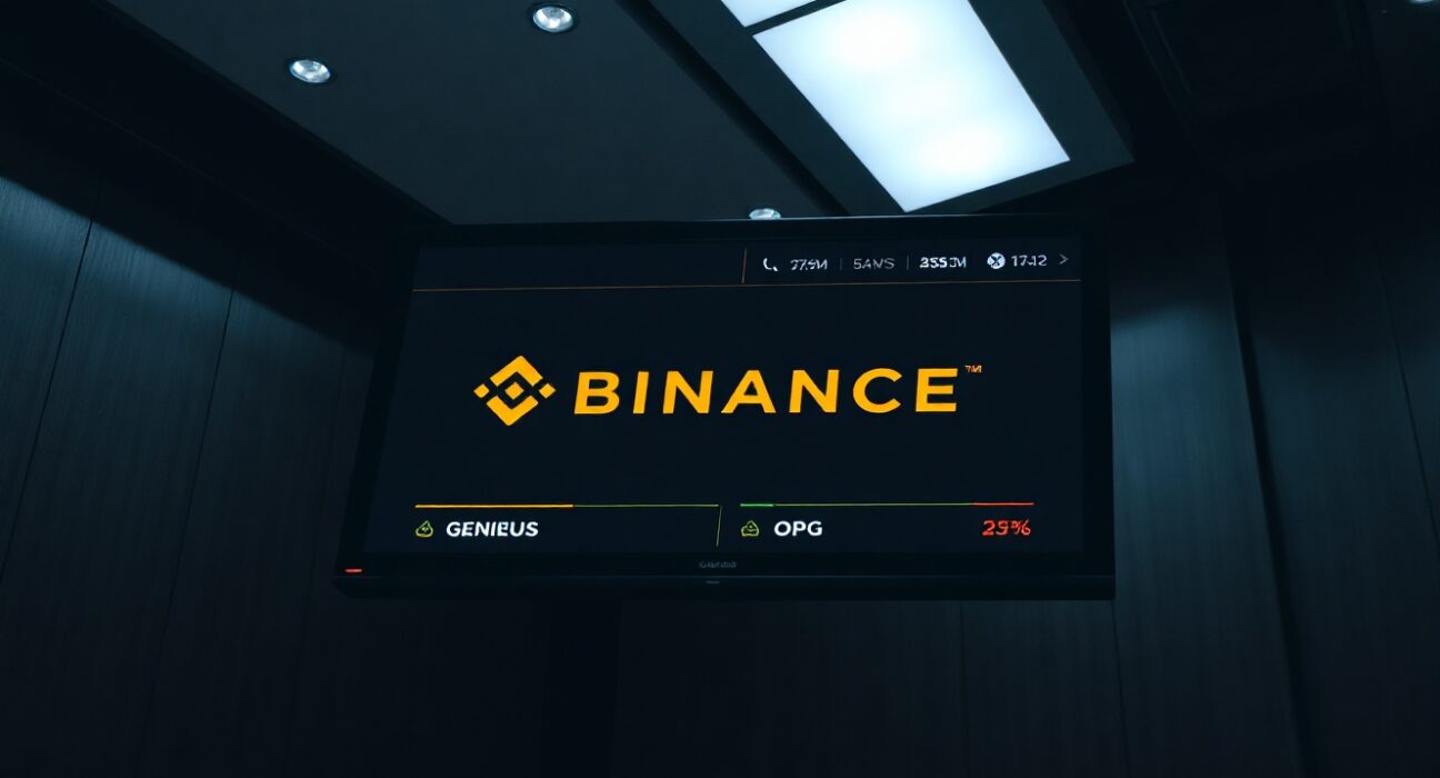 Binance trading interface showing GENIUS and OPG token listings with price charts