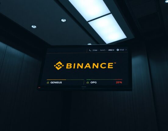 Binance trading interface showing GENIUS and OPG token listings with price charts