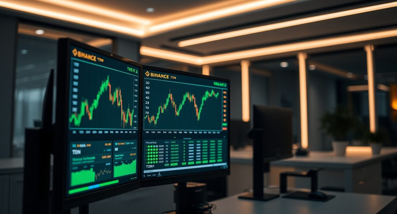 Cryptocurrency trading desk with monitors showing Binance exchange and MEGA and TON trading pairs