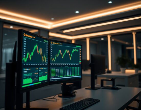 Cryptocurrency trading desk with monitors showing Binance exchange and MEGA and TON trading pairs