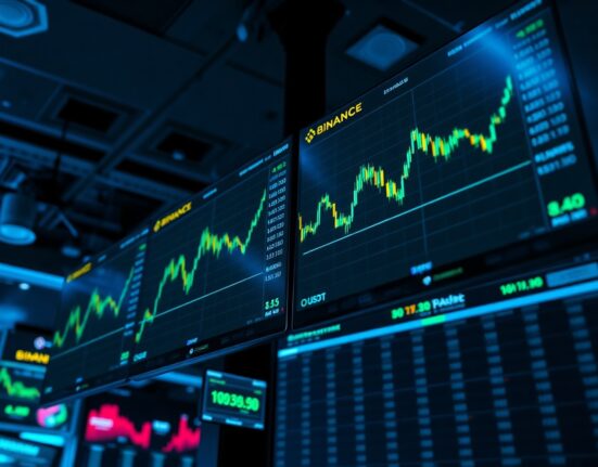 Binance trading interface on multiple monitors showing O/USDT perpetual futures charts