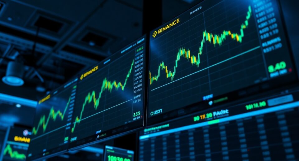 Binance trading interface on multiple monitors showing O/USDT perpetual futures charts
