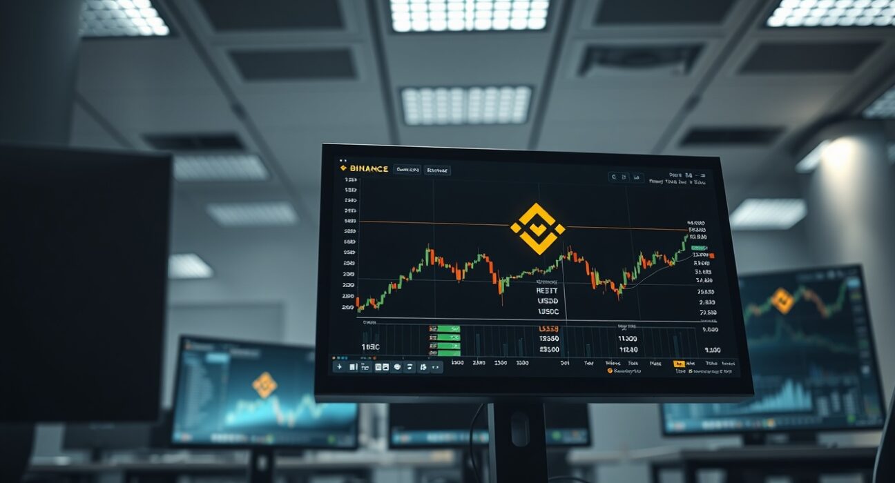 Close-up of a trading monitor showing RE/USDT and RE/USDC order books on a Binance platform in a modern office setting.