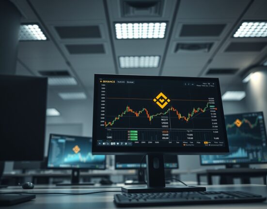 Close-up of a trading monitor showing RE/USDT and RE/USDC order books on a Binance platform in a modern office setting.