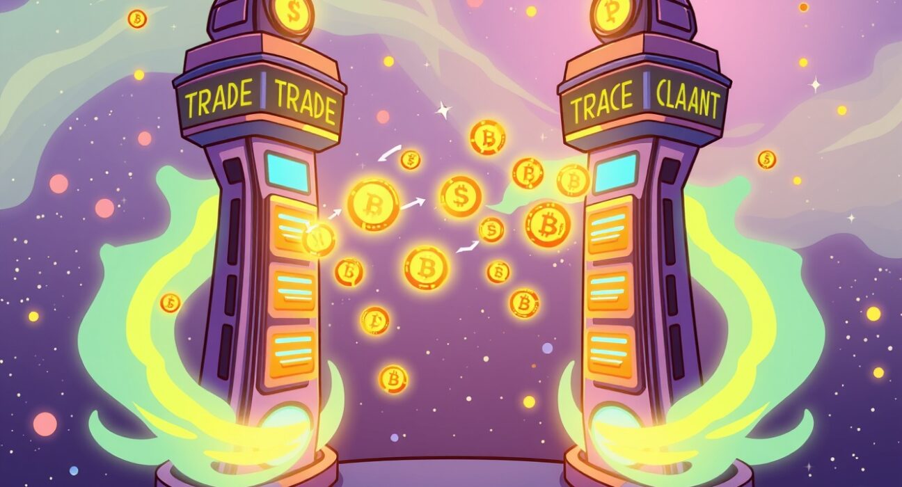 A vibrant cartoon illustration of Binance listing RLS perpetual futures for crypto trading.