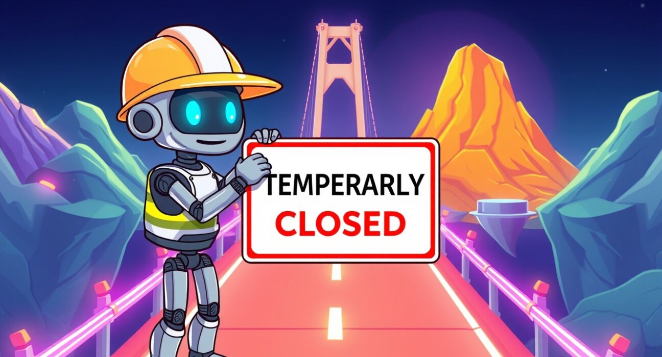 A helpful robot performing maintenance on the Binance LUNA network bridge during a scheduled upgrade.
