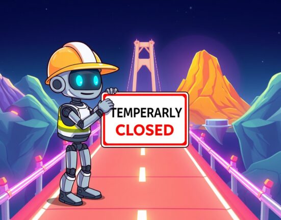 A helpful robot performing maintenance on the Binance LUNA network bridge during a scheduled upgrade.