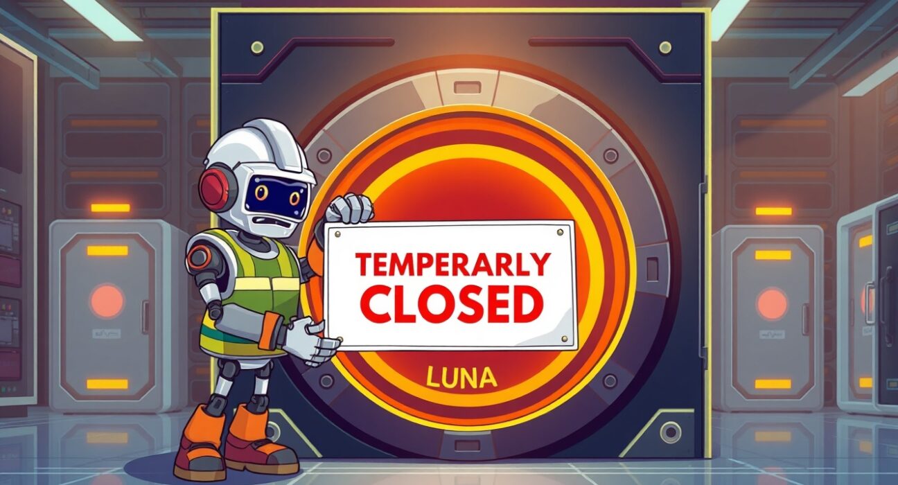 Cartoon illustration of Binance's temporary LUNA suspension for a network upgrade.