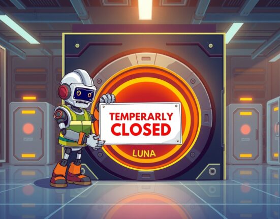 Cartoon illustration of Binance's temporary LUNA suspension for a network upgrade.