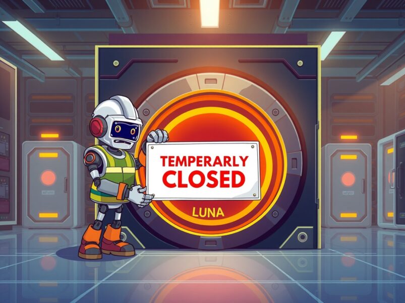 Cartoon illustration of Binance's temporary LUNA suspension for a network upgrade.