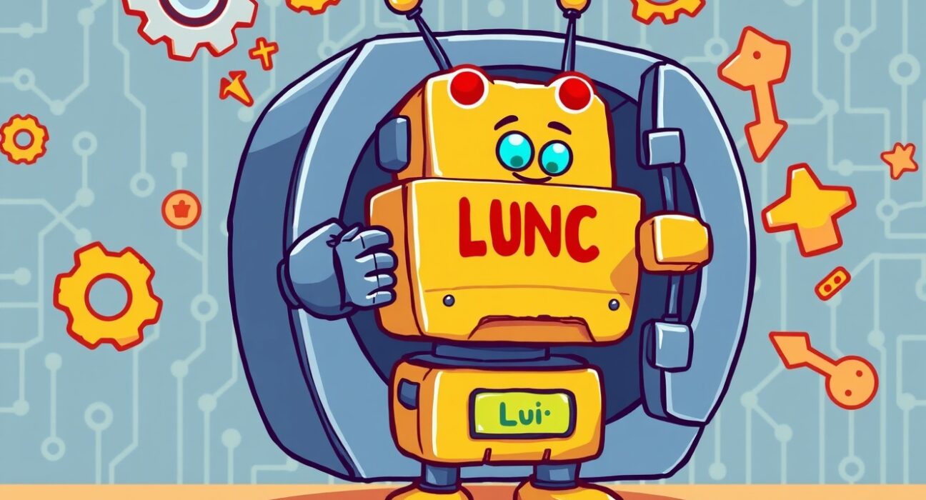 A cartoon robot pausing a LUNC vault for a crucial Binance network upgrade.
