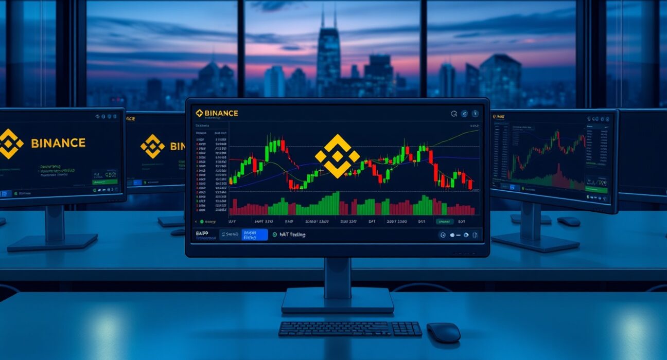 Binance margin trading pairs on a monitor showing AVNT, BIO, CHIP, KAT, and XAUT charts