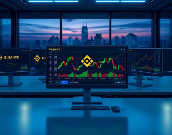 Binance margin trading pairs on a monitor showing AVNT, BIO, CHIP, KAT, and XAUT charts
