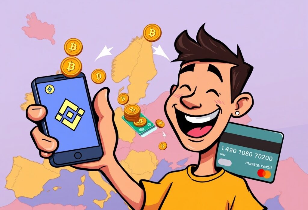 A cartoon illustration showing fast and easy Binance Mastercard withdrawals for European users, symbolizing quick crypto to fiat conversion.