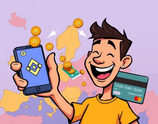 A cartoon illustration showing fast and easy Binance Mastercard withdrawals for European users, symbolizing quick crypto to fiat conversion.
