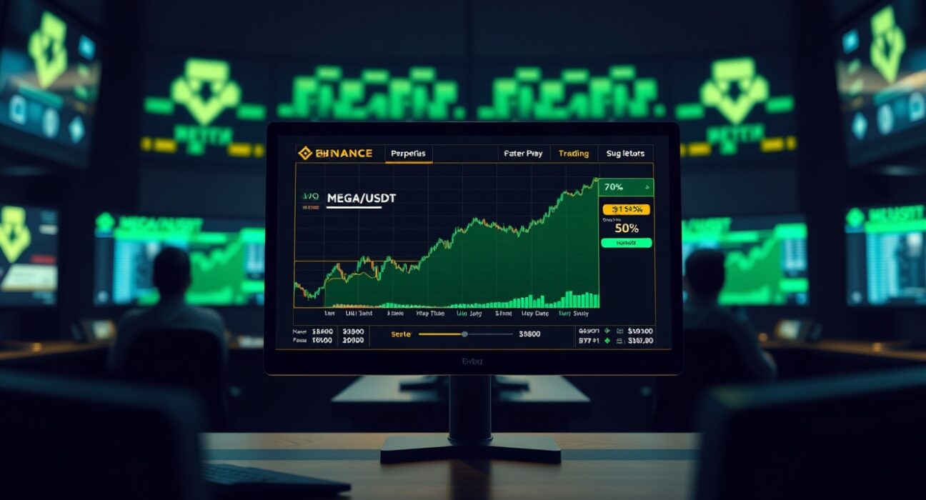 Binance MEGA USDT perpetual futures trading terminal with 50x leverage chart displayed