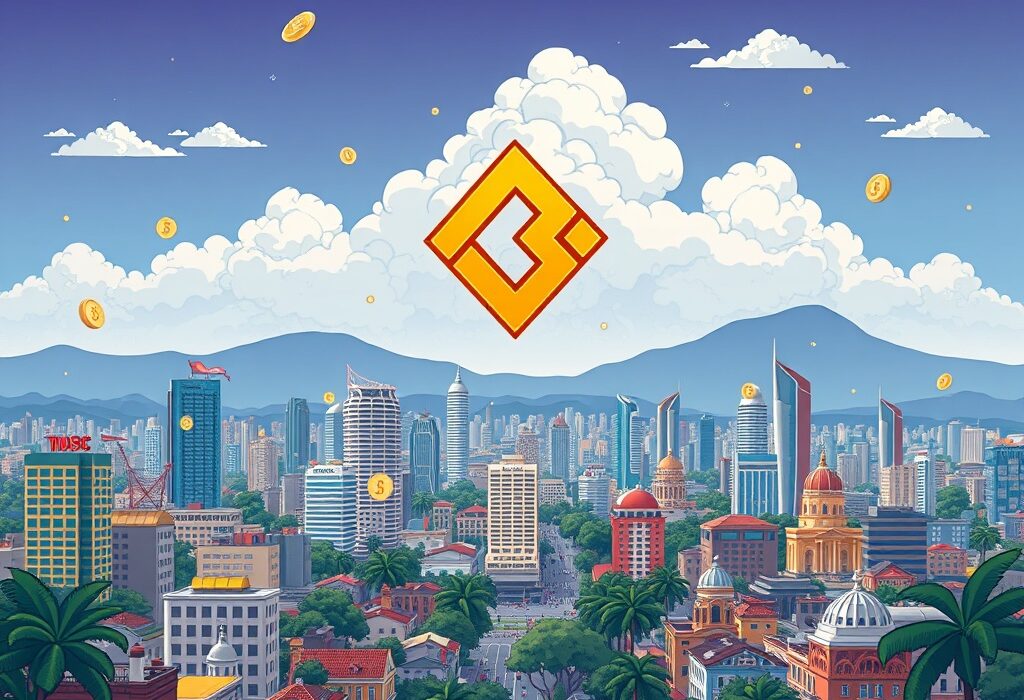 Cartoon illustration of a bustling Mexican city with the Binance logo, symbolizing the launch of the Binance Mexico subsidiary and fintech growth.