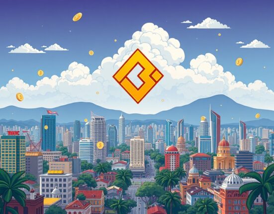 Cartoon illustration of a bustling Mexican city with the Binance logo, symbolizing the launch of the Binance Mexico subsidiary and fintech growth.