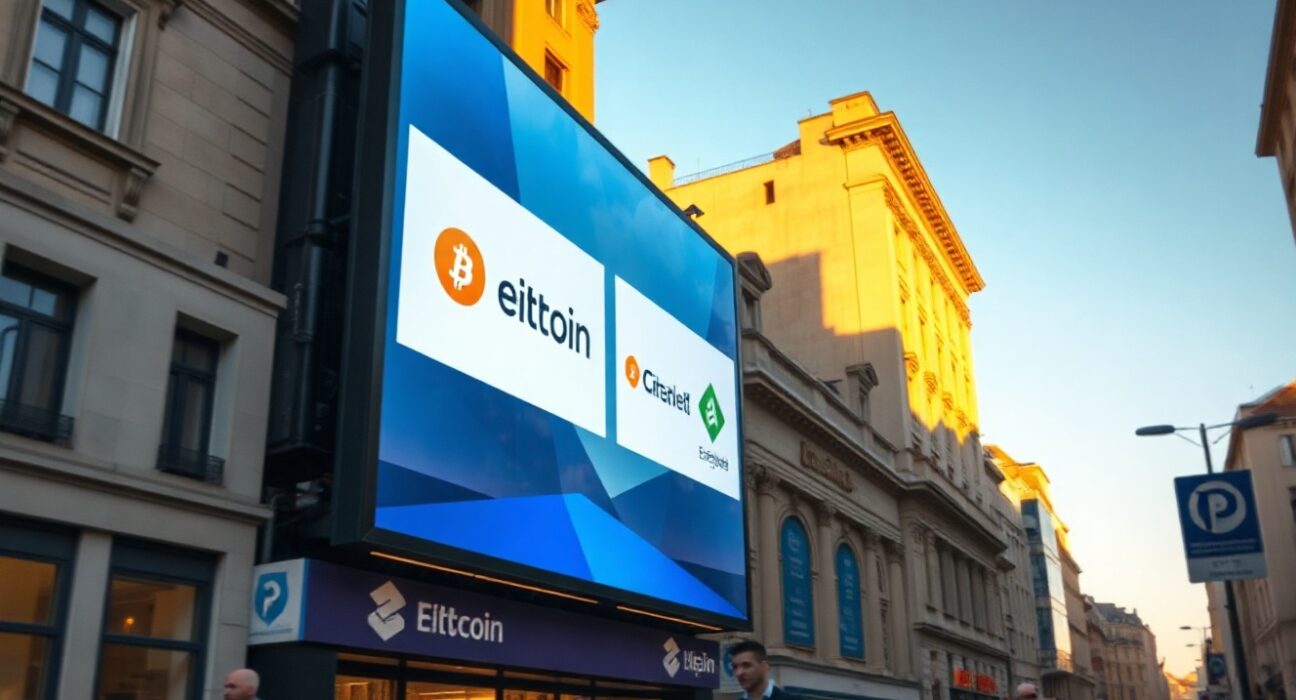 Digital billboard showing cryptocurrency exchange logos in a European city street during golden hour