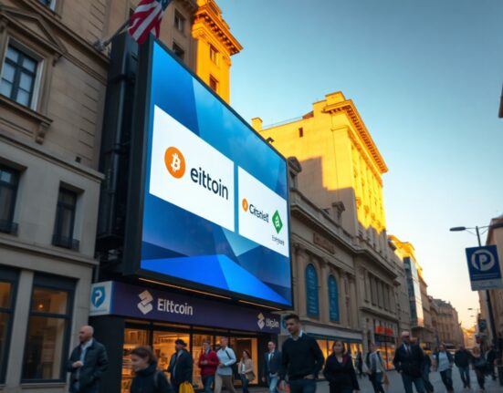 Digital billboard showing cryptocurrency exchange logos in a European city street during golden hour