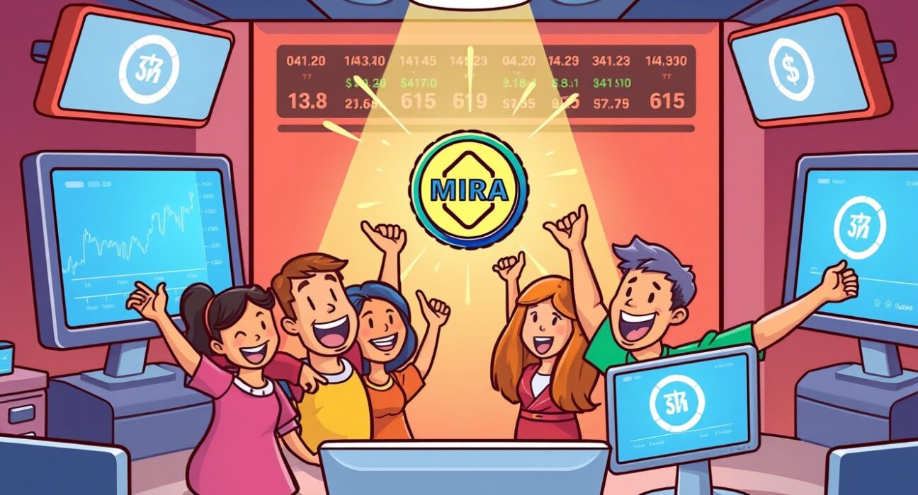 A vibrant cartoon illustrating the excitement around the upcoming Binance MIRA listing and airdrop project.