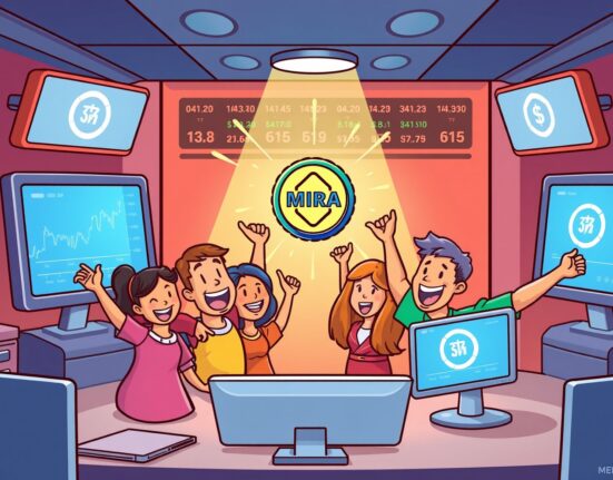 A vibrant cartoon illustrating the excitement around the upcoming Binance MIRA listing and airdrop project.