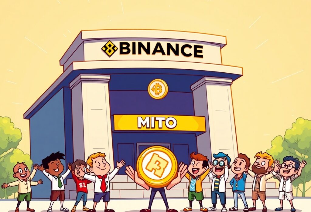 Cartoon illustration showing the Binance MITO listing and airdrop program bringing new opportunities to cryptocurrency holders.