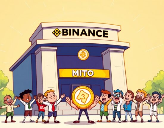 Cartoon illustration showing the Binance MITO listing and airdrop program bringing new opportunities to cryptocurrency holders.